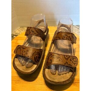 Alegria PG Lite‎ Brown Embossed Leather Floral Slingback Sandals Womens 38/7.5